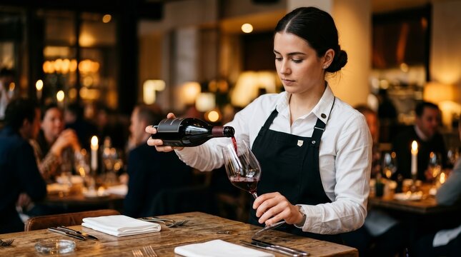 Elegant female sommelier pouring red wine from a dark bottle in a luxury restaurant setting.