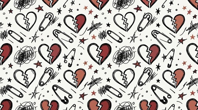 Seamless pattern of broken hearts and safety pins for teen fashion and stationery.