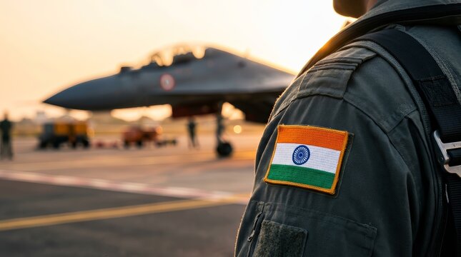 An Indian Air Force pilot wearing a flight suit with a national flag patch.