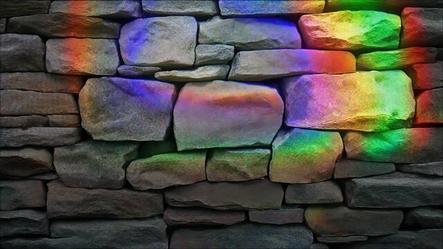 Colorful Light Projections on an Ancient Stone Wall Creating a Vibrant and Dynamic Display