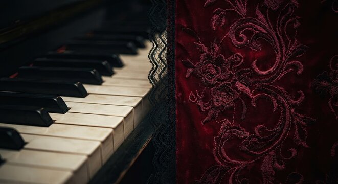 Close up of piano keys next to red patterned fabric