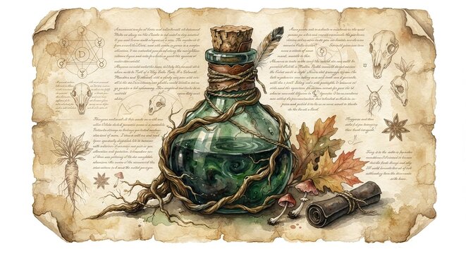 Magic potion bottle with ivy on aged parchment manuscript page