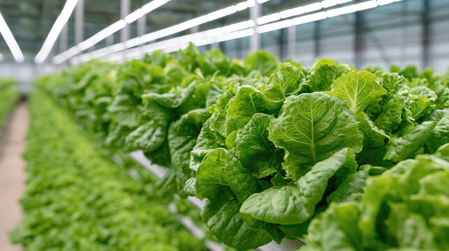Fresh green lettuce growing in modern indoor vertical farm with hydroponic system