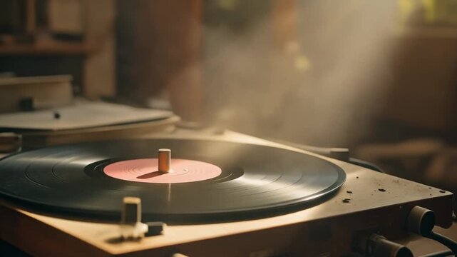 Vintage Vinyl Record Spinning on Classic Turntable Player with Dust Particles in Warm Light