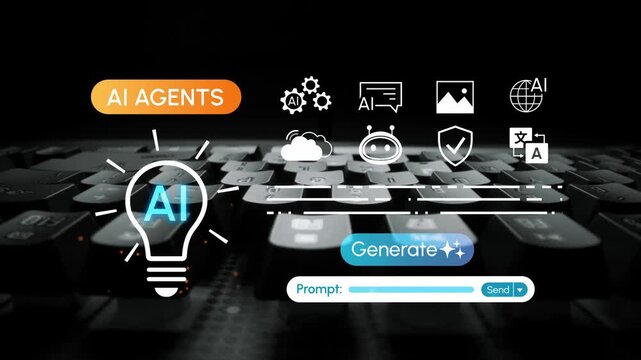 Innovative AI Agents Technology Concept on Keyboard with Light Bulb Icon and Digital Elements Representing Intelligence and Automation. Entropy.
