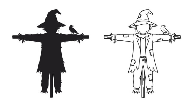Scarecrow silhouette and line drawing with a perched raven against white