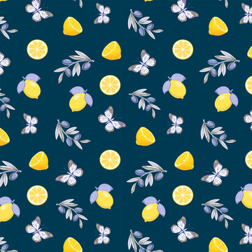 Blue background with olives and lemons.Vector color pattern with yellow lemons, olives and blue butterflies.
