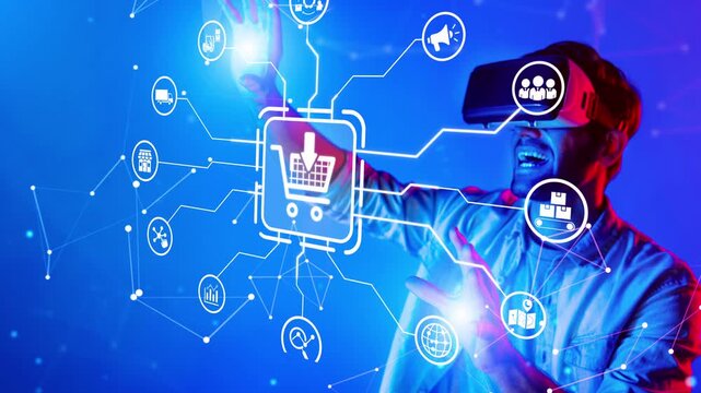 Exciting image of a man using virtual reality technology to explore a shopping experience, surrounded by various digital icons representing e-commerce interaction. Raster