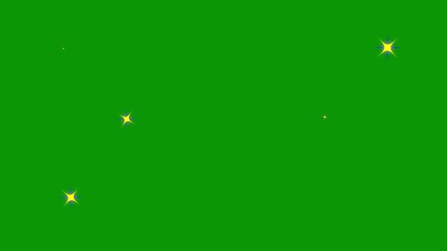 Fairy golden and blue twinkle stars animation with sparkling light flare particles, abstract magical shimmer dust loop, cinematic starry sky overlay on green background 4k.