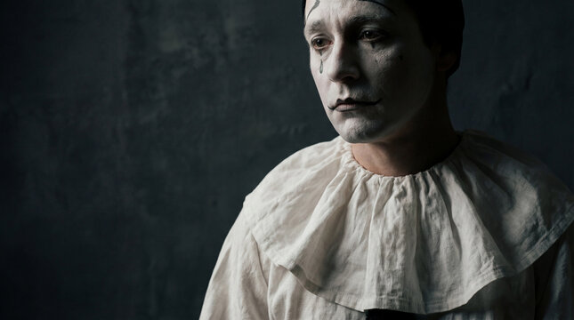 Sad Pierrot Portrait Expressing Loneliness and Hidden Sorrow