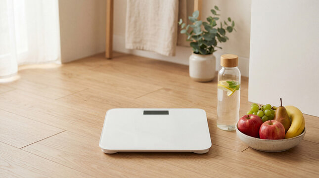 Bathroom Scale with Fresh Fruit and Water for Healthy Weight Management