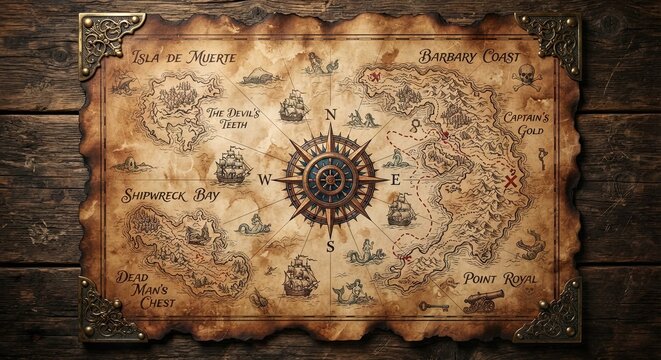 Vintage pirate treasure map with compass on wooden background