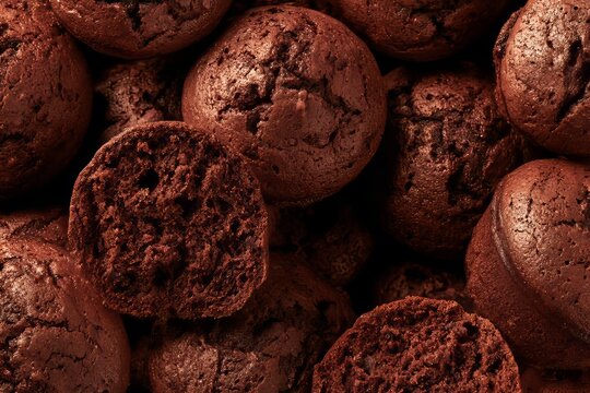 Chocolate muffins are stacked together with some cut open to show the rich texture inside