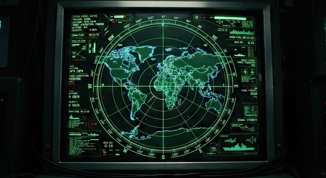 Futuristic green radar interface showing world map and tactical data