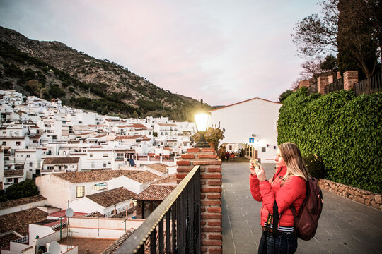 woman strolling in picturesque village of  Mijas. Costa del Sol  Andalusia  Spain