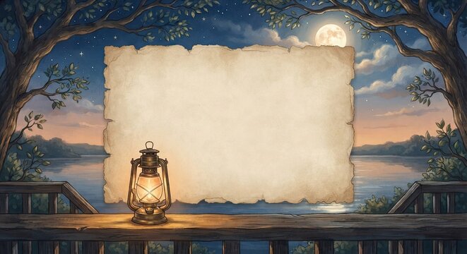 Lit lantern beside blank parchment scroll with night lake background