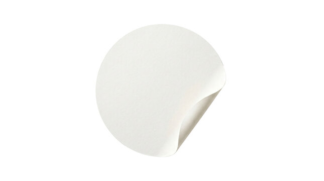 Round white sticker with textured paper surface and a single corner peeled back to reveal detail on transparent background