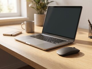 Fototapeta premium Laptop with a blank screen and a wireless mouse on a wooden desk