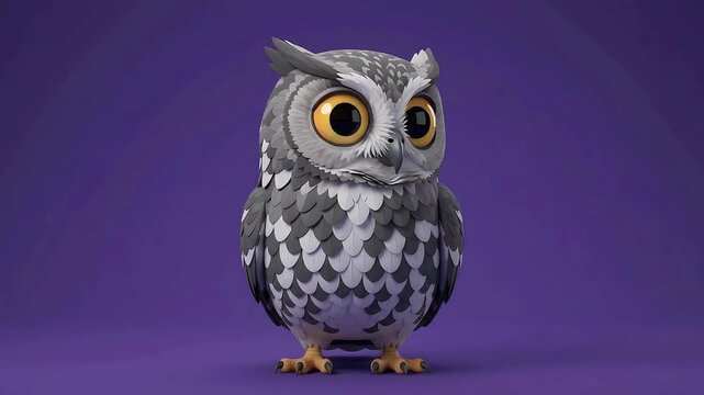 Cute Animated Owl Character with Big Eyes on Purple Background