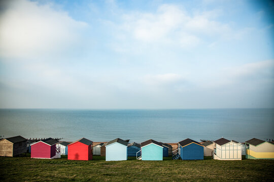 colored beach huts on the beach of Tankerton near Whitstable in Kent, UK