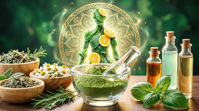 Naturopathy concept with herbal mortar oil and human silhouette