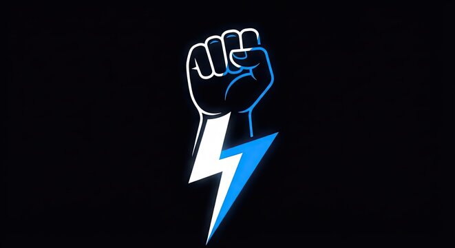 Raised fist with lightning bolt vector icon on black