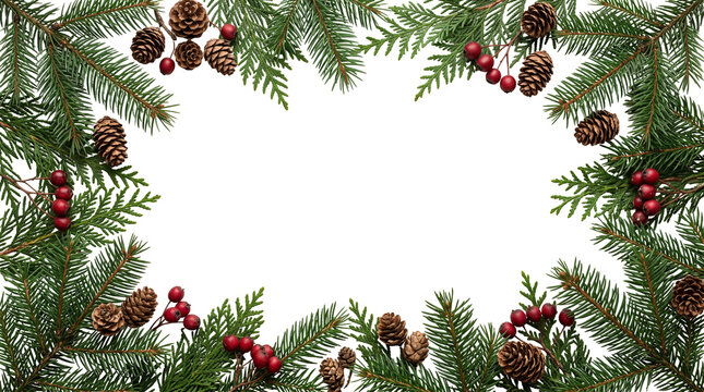 Christmas frame of evergreen spruce branches with pine cones and red berries on black background for holiday greeting card photo
