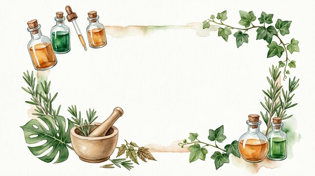Watercolor frame with herbal oil bottles mortar and leaves