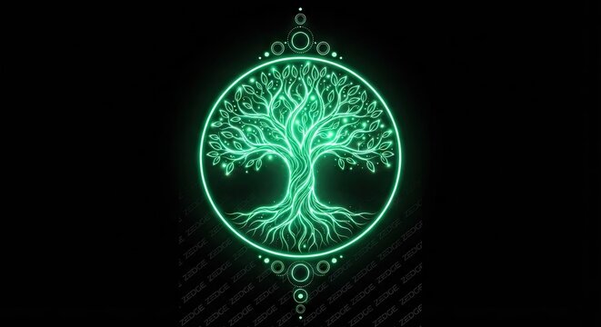 Glowing green tree of life emblem on dark background