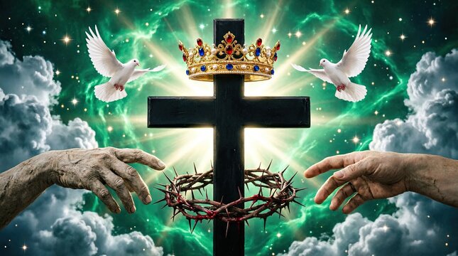 Christian cross with crown crown of thorns and white doves in sky