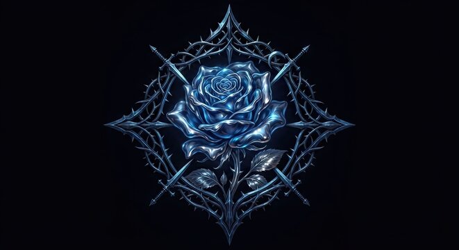 Metallic blue rose surrounded by sharp thorny frame on dark background