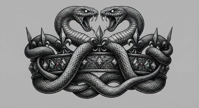 Two coiled snakes entwined on royal crown illustration