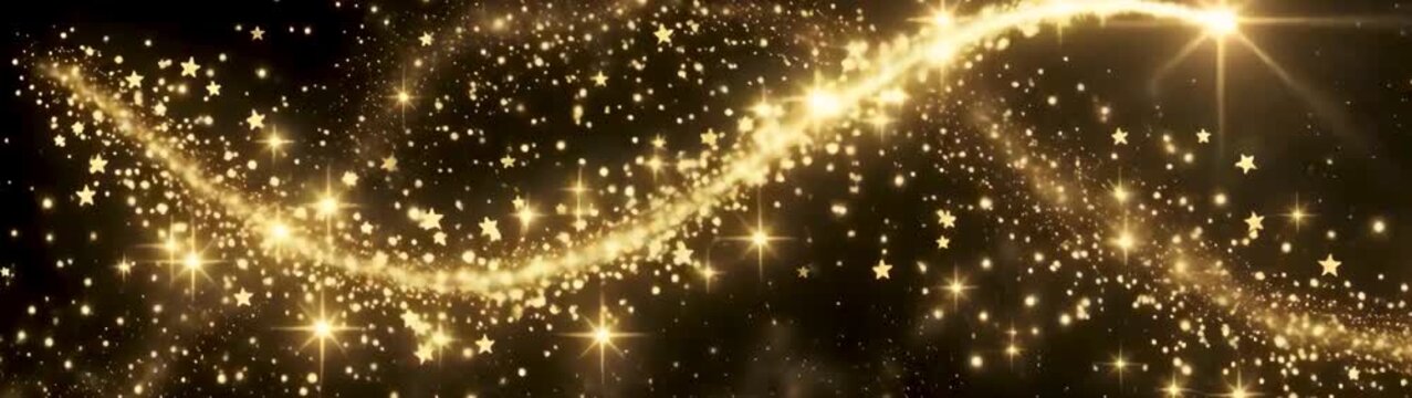 Magic golden star dust trail, luxury celebration and festive background with glowing particles flowing in a wave motion on black background.