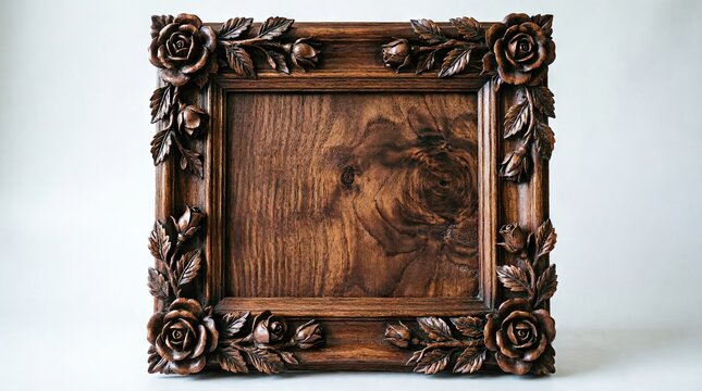 Empty carved wooden photo frame with ornate rose decorations