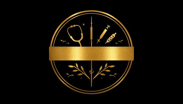 Gold medical emblem with tools and laurel
