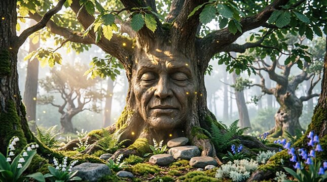 Ancient tree with carved face in enchanted forest
