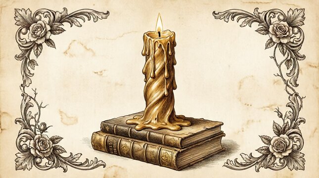 Vintage candle on old books with floral borders

