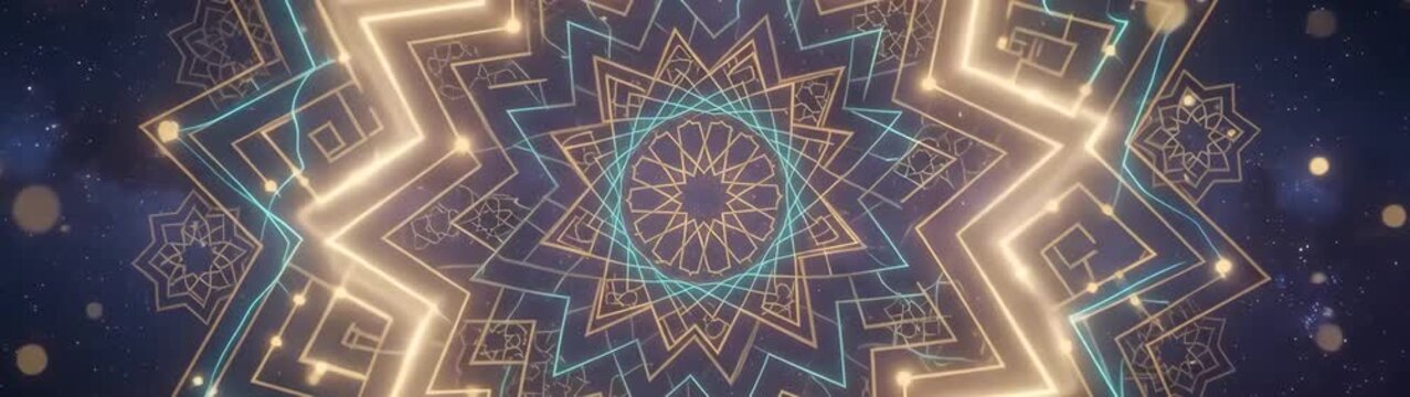 Sacred geometry and spiritual meditation concept glowing golden and blue mandala patterns rotating in deep space motion background.