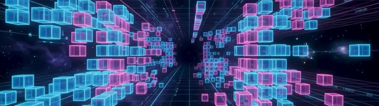 Big data and digital transformation concept abstract tunnel of glowing blue and pink cubes moving through cyberspace futuristic technology background with motion.