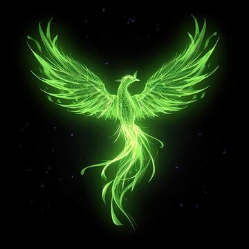 Glowing green phoenix rising with flame wings
