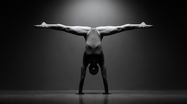Athletic woman performing a perfect handstand with legs spread wide