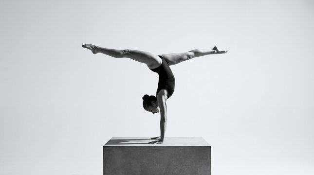 Graceful gymnast performs a handstand split on a pedestal in a studio
