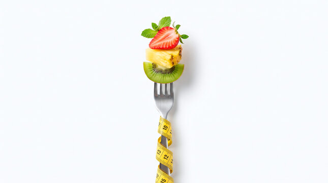 Healthy eating concept with fresh fruit on fork and measuring tape