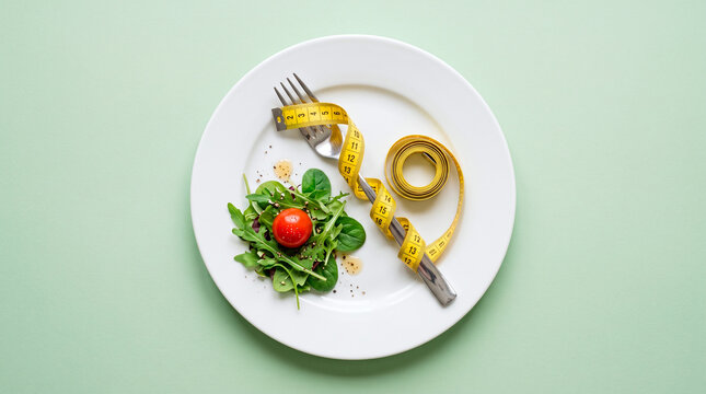 Dieting concept: salad on a plate with a fork wrapped in a measuring tape