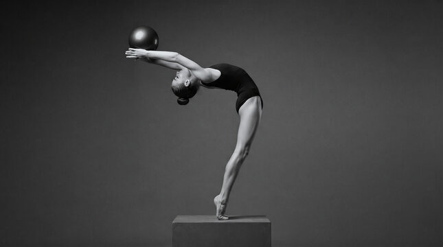 Gymnast performs a challenging backbend with a ball, showcasing flexibility and grace