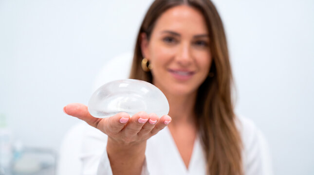 Woman holding a breast implant, showcasing cosmetic surgery options