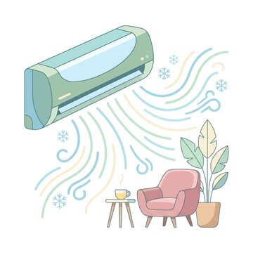 A modern wall-mounted air conditioning unit blowing refreshing cool air into a cozy living room with an armchair, plant, and tea. Ideal for HVAC marketing and interior design concepts.