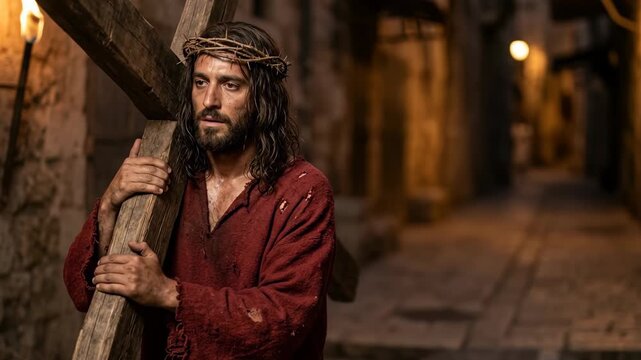 Jesus christ wearing a red tunic and painful crown of thorns carries a heavy wooden cross through an ancient stone city street during the historical biblical passion of Easter