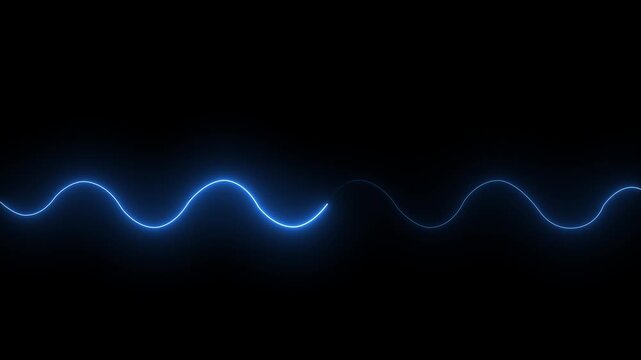 Neon blue sine wave pulse abstract background, glowing digital audio frequency signal, smooth oscillating light line animation on black. Animation of 4k video.
