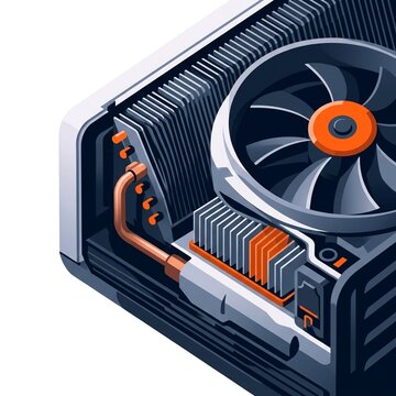 A detailed technical vector illustration showcasing a modern computer graphics card cooling system, featuring a powerful fan, metallic heatsink fins, and copper heat pipes in a sleek isometric view.